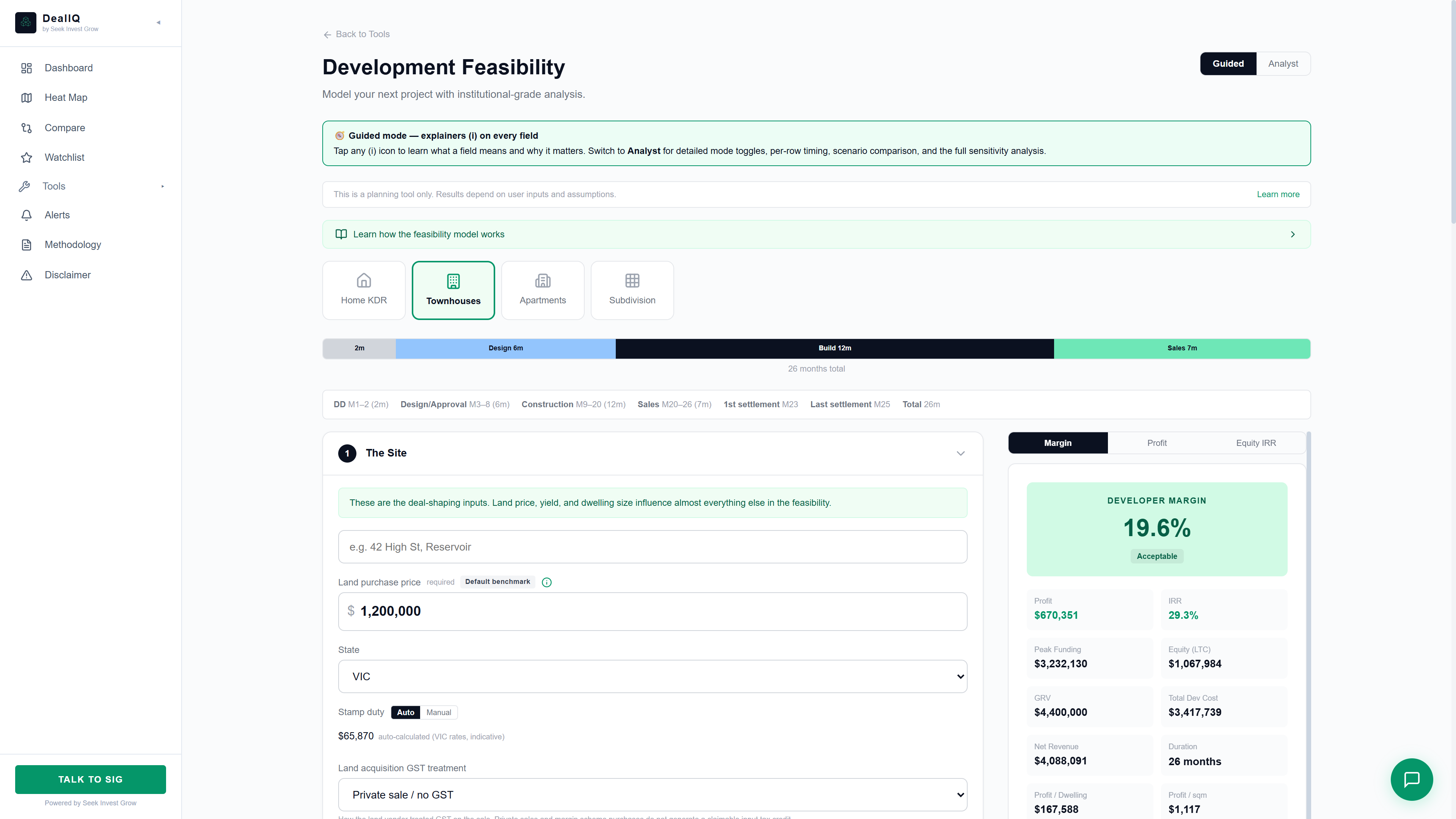 Feasibility calculator hero showing project metrics and cashflow